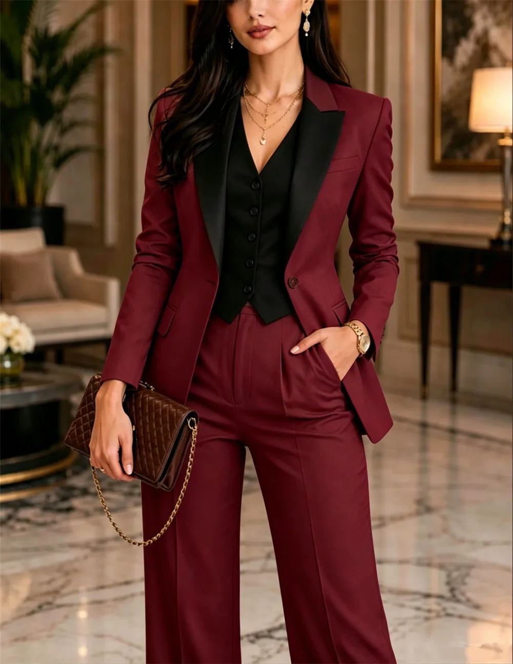 3-Piece Women’s Business Pant Suit – Slim Fit Blazer, Vest & Trousers Set