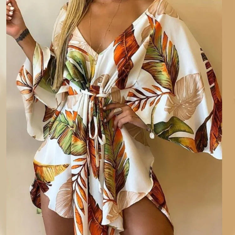 Print Dress Sexy V-Neck Bat Sleeve Ruffl Flowers Mini LADYLYS