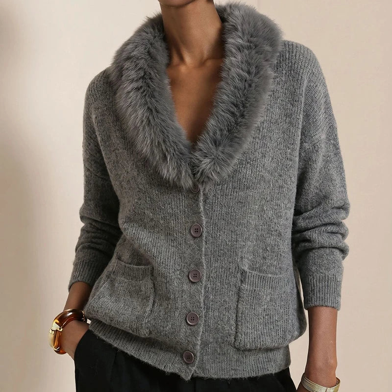 Women's Vintage V-Neck Knit Cardigan with Faux Fur Trim