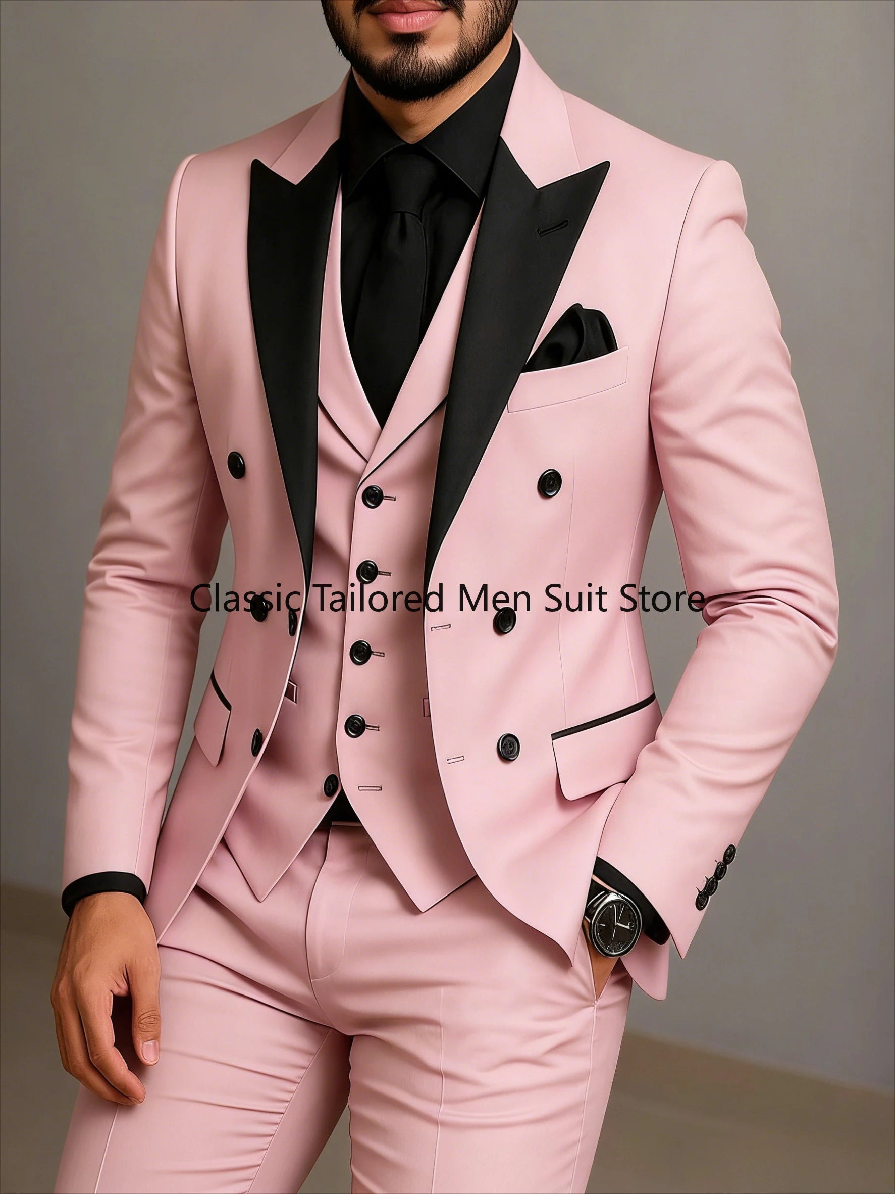 Beige Double Breasted Black Lapel  Slim Fit Wedding Suit LADYLYS