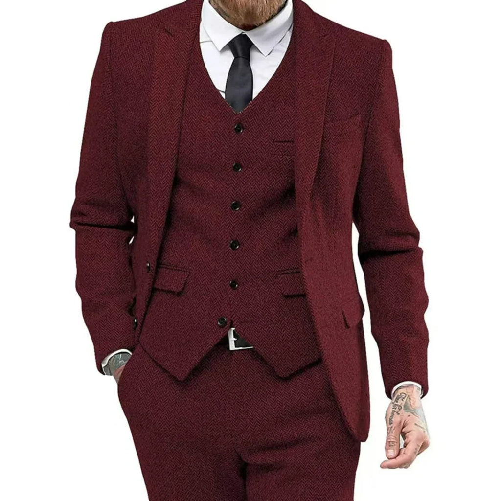 Men's Slim-Fit Herringbone Three-Piece Suit