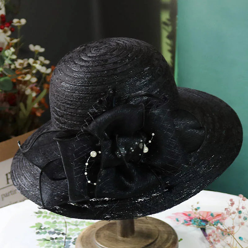 Elegant mesh pearl flower sun hat, foldable LADYLYS
