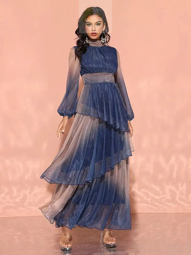 Luxury Elegant Dress With Stand Collar, Lantern Sleeves, And Ruffle LADYLYS