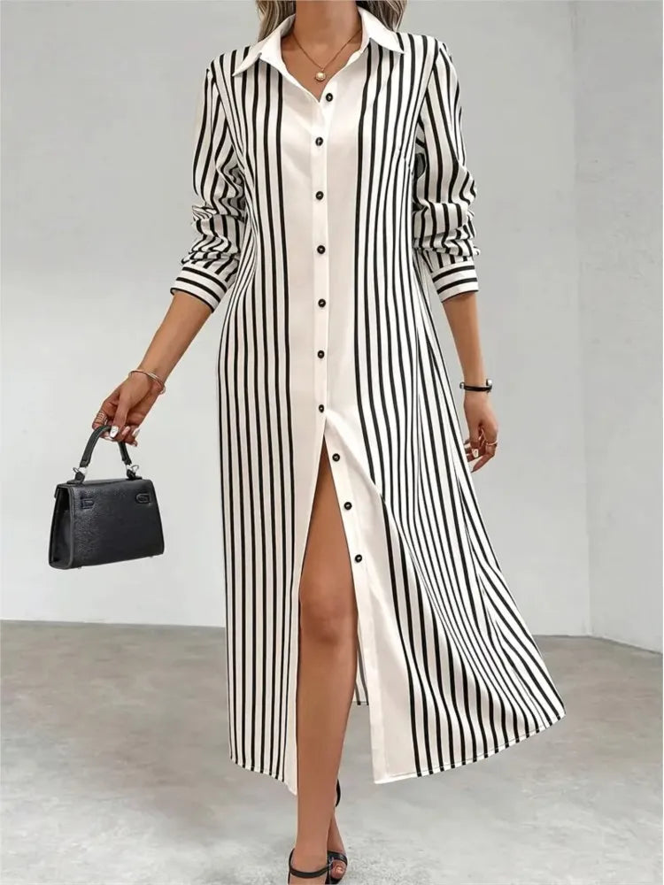 Striped Lapel Shirt Dress – Long Sleeve Button-Up Cardigan Style
