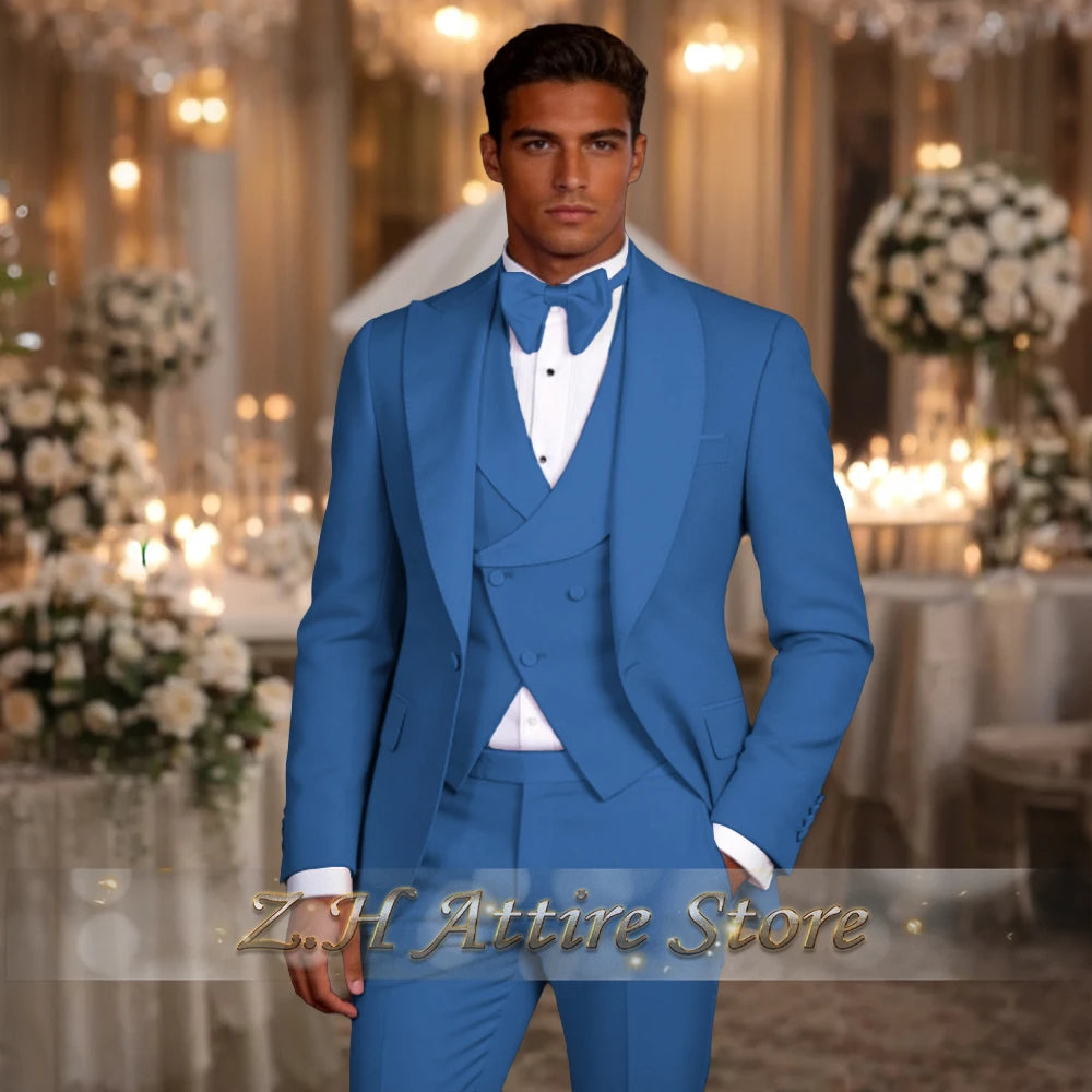 Elegant men's 3pcs suit spliced satin lapel jacket vest pants LADYLYS