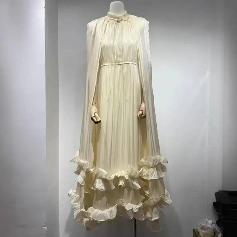 Women's V-Neck Cape Sleeve Maxi Dress – Ruffle Edge, A-Line Floor-Length