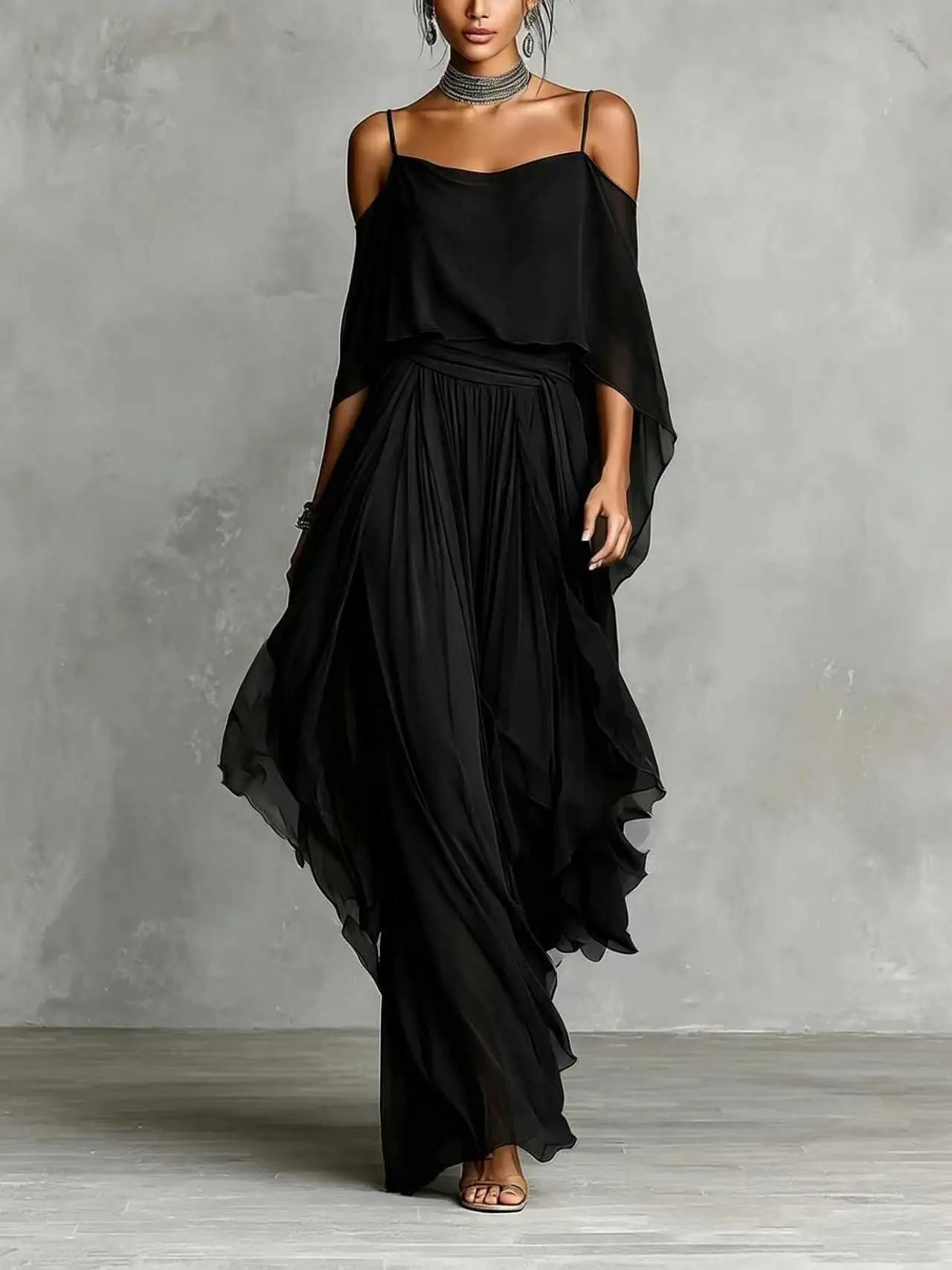 Summer Fashion Solid Chiffon Dress Elegant Off Shoulder Strap Bat Sleeve High Waist Long Dress Women Wedding Guest Outfits LADYLYS