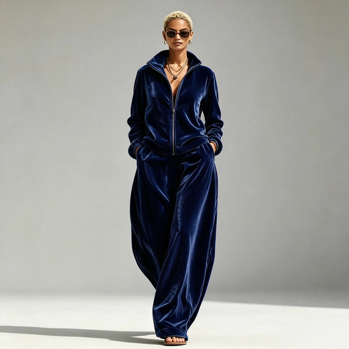Women's Velvet Two-Piece Set with Wide-Leg Pants