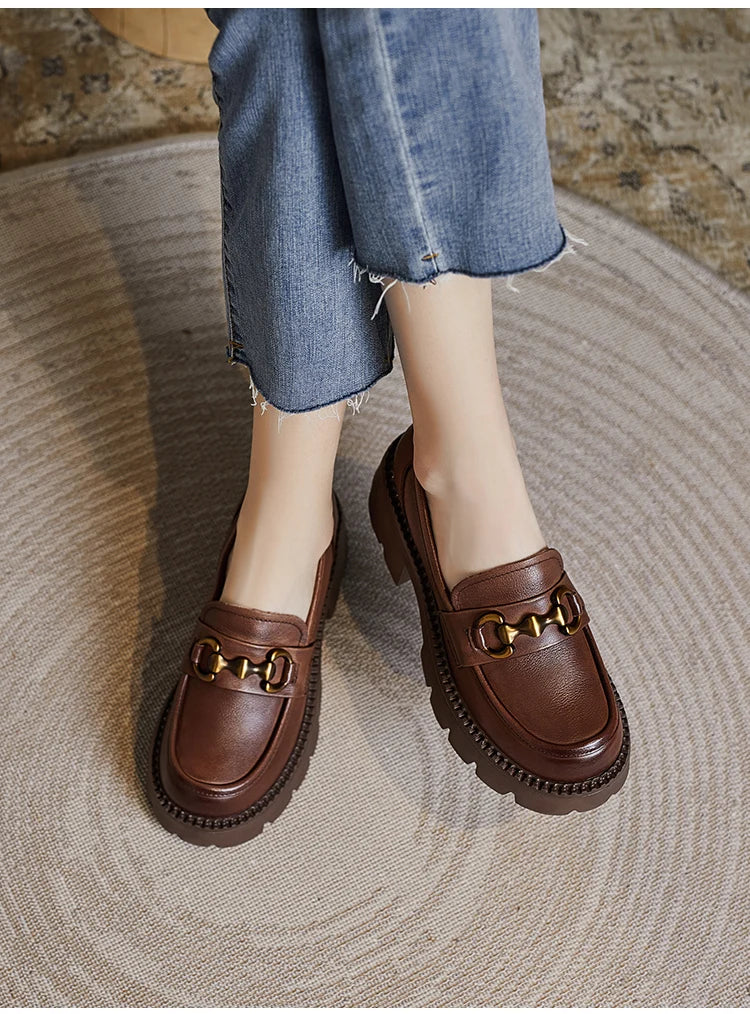 Women's Genuine Leather Loafer Pumps – Thick Square Heel Platform Slip-On with Metal Detail