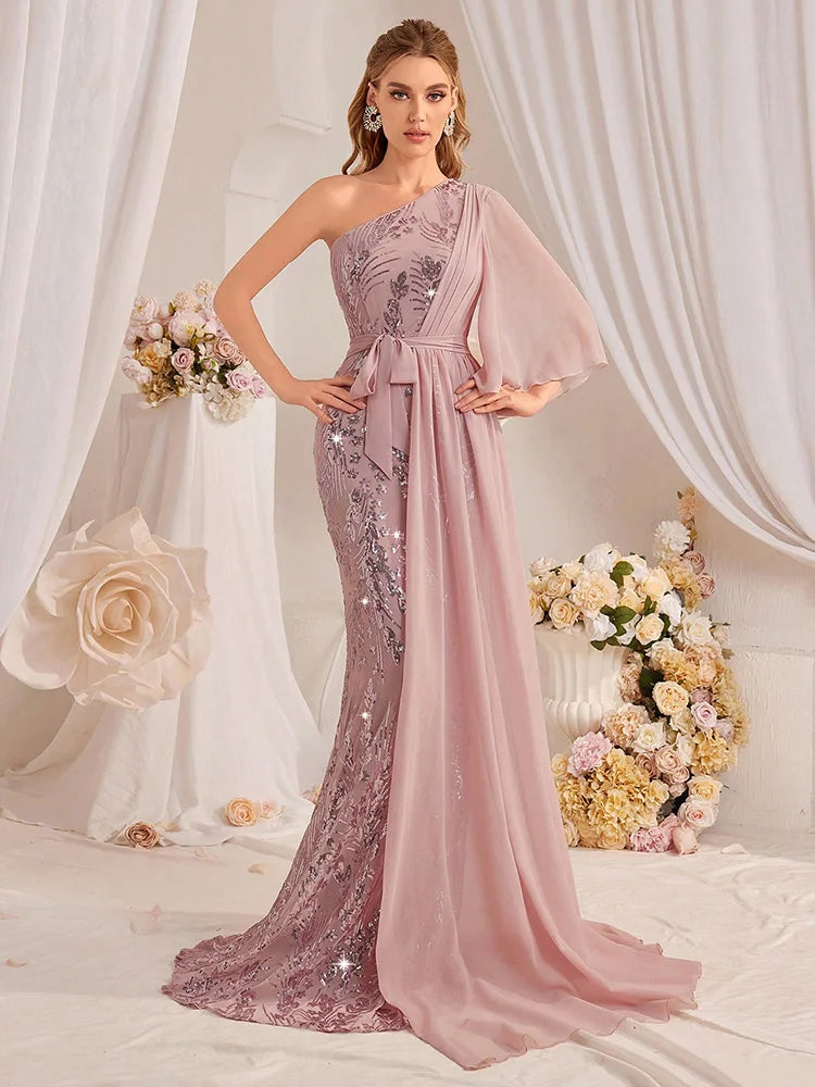 Sequin One-Shoulder Maxi Gown – Sparkle Patchwork A-Line | Luxury Formal Evening Dress