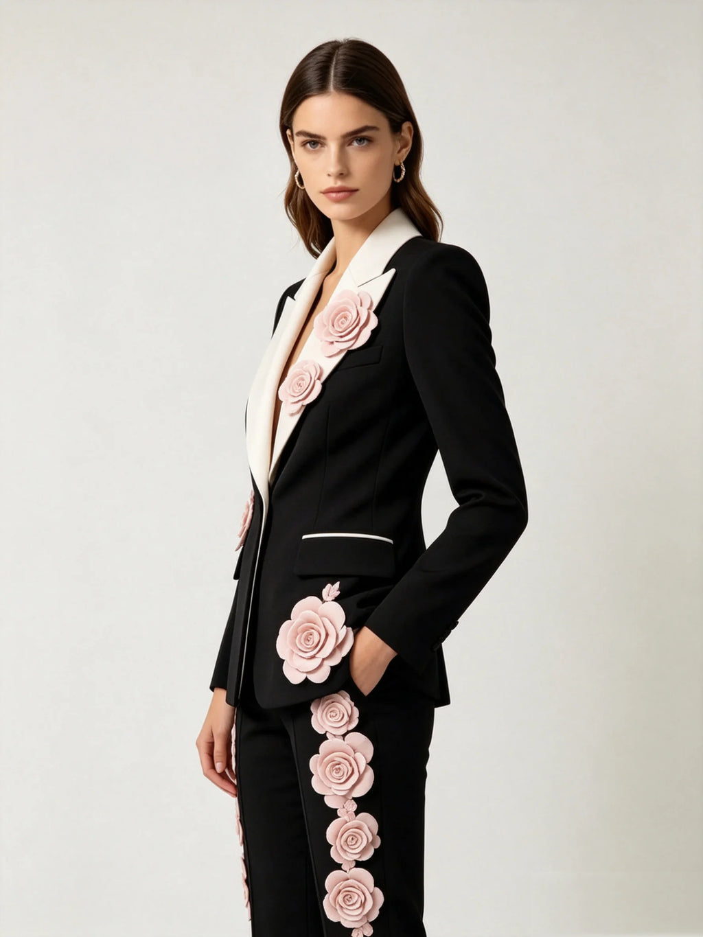 Women's Two-Piece Cotton Suit with 3D Floral Detail