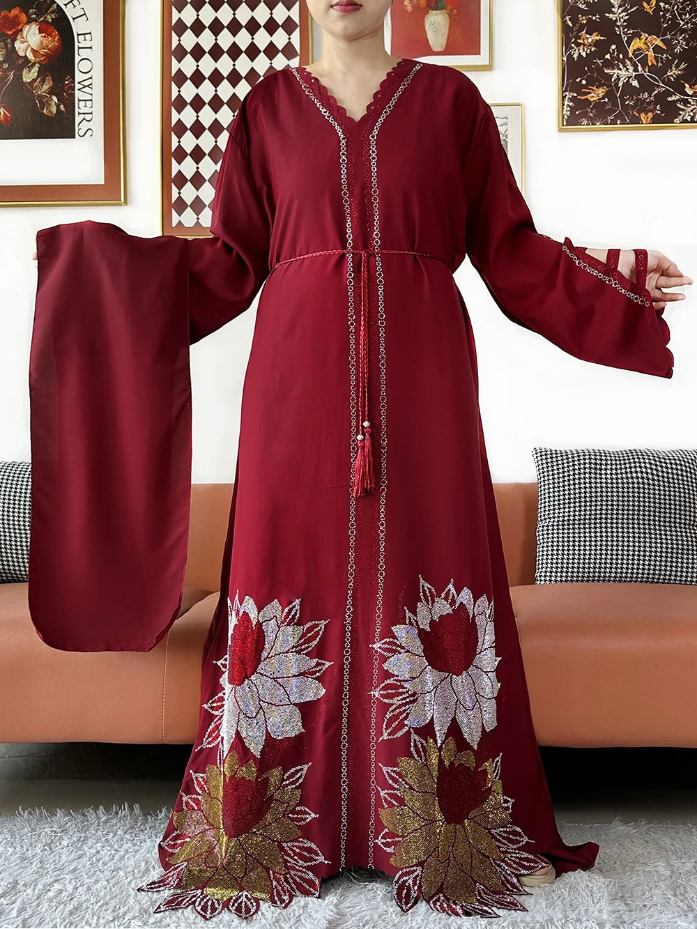 Muslim Party Dress Chiffon Diamond Long Sleeve Casual LADYLYS