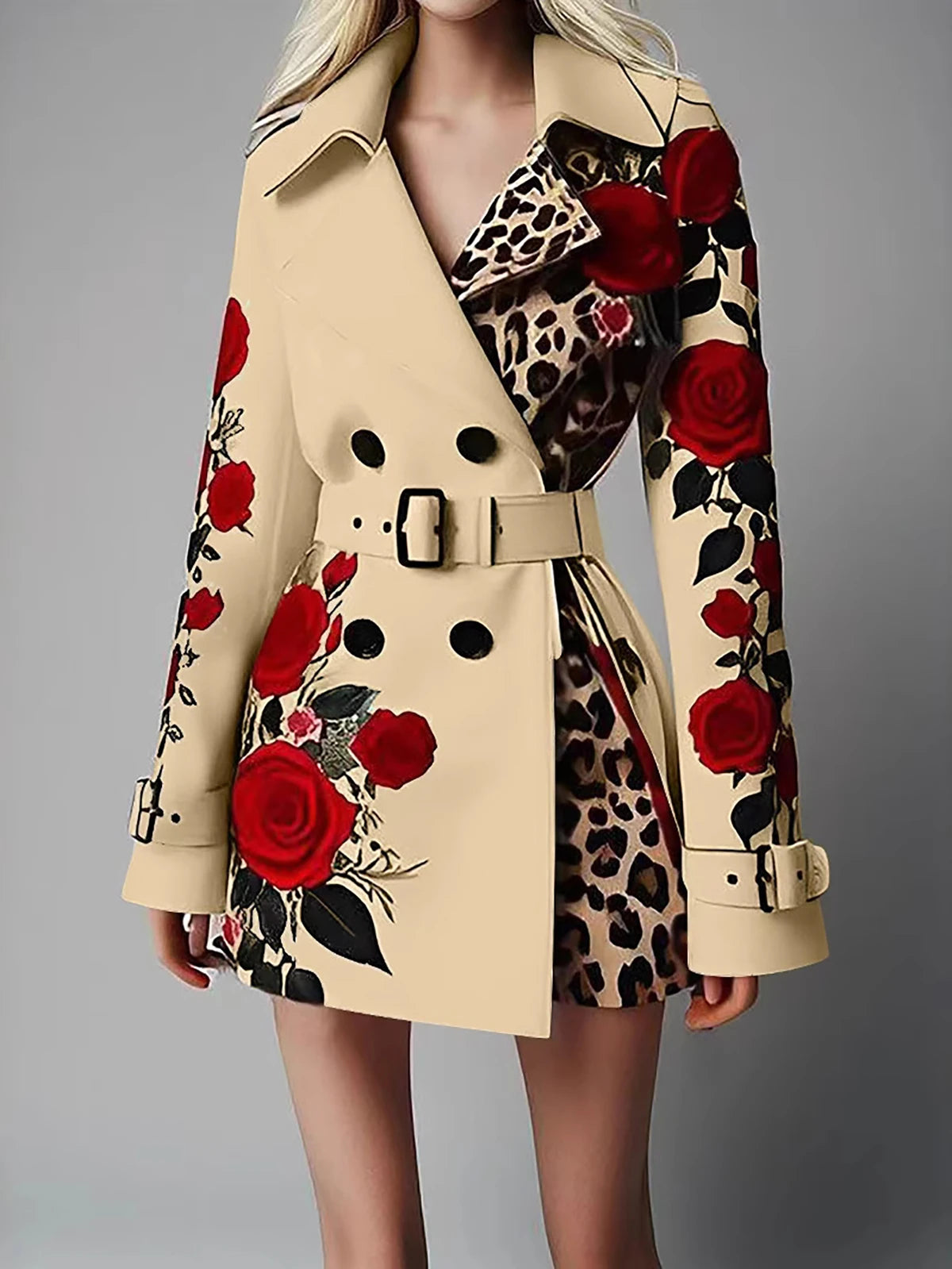 Chic Trench Coat Red Rose Leopard Print Double Breasted Belted Lapel Long LADYLYS