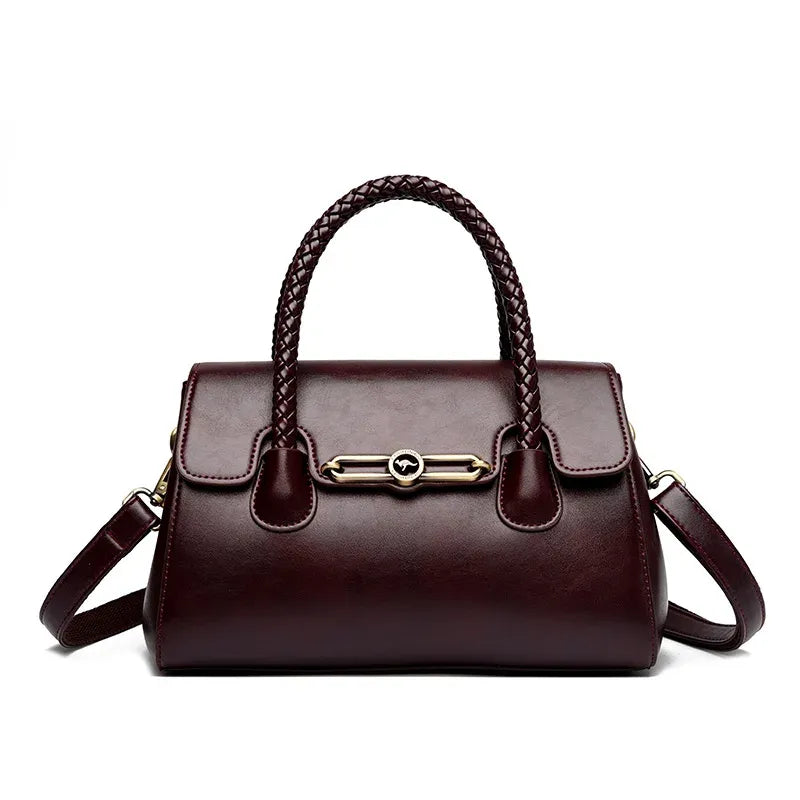 Women's Leather Top-Handle Bag with Woven Handle