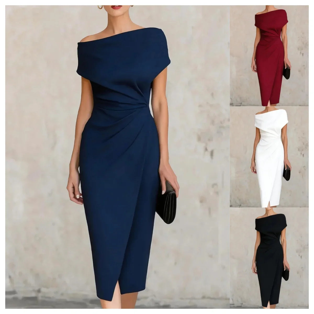 Asymmetrical Off-Shoulder Draped Midi Dress – Ruched Waist Split Pencil Dress