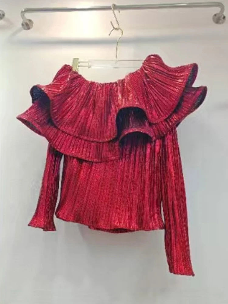 Camisas Solid Slash Neck Ruffled Long Sleeve Sexy Shirts Vintage Blouses