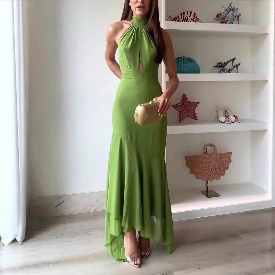 Temperament Halter Neck Long Dresses Green Backless Leace-up Elegant LADYLYS