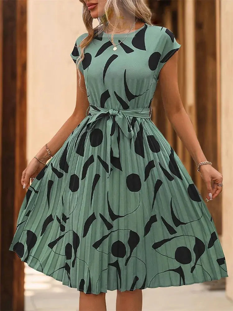 Spring Summer O Neck Pleated Medium Long Dress Fashion Print Lace-up Dress LADYLYS