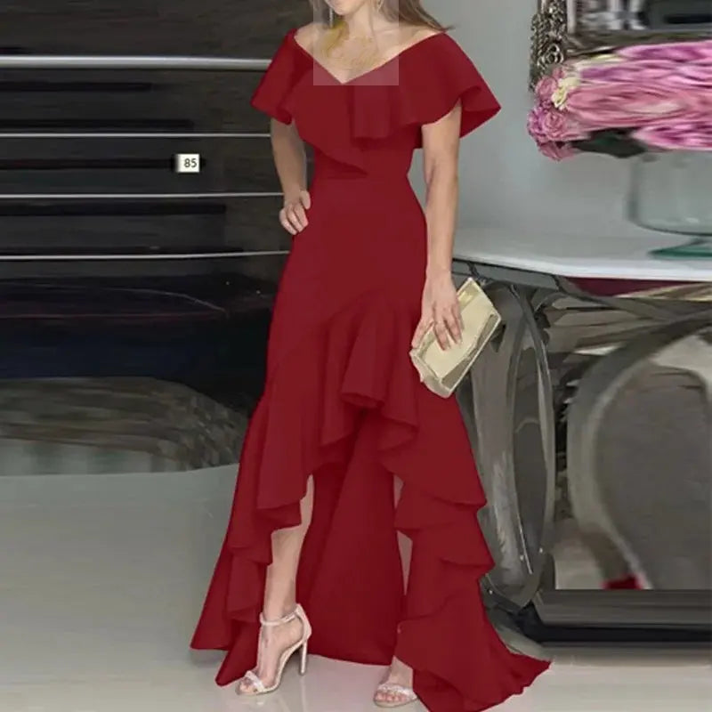 Beauty style elegant V-neck ruffled irregular elegant dress LADYLYS