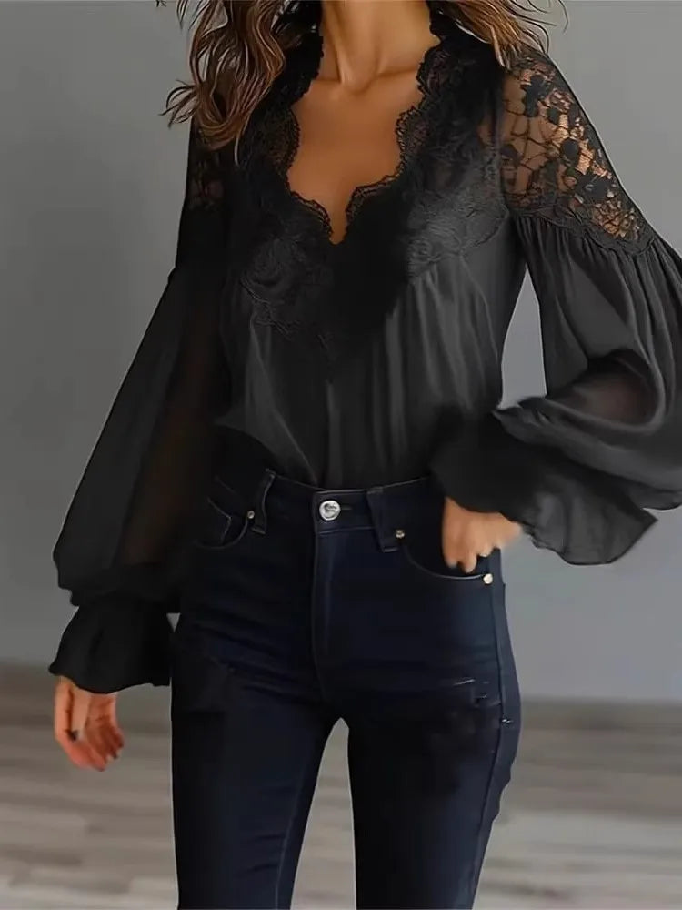 Blouse Solid Elegant Sexy V-neck Lace Splicing Lantern