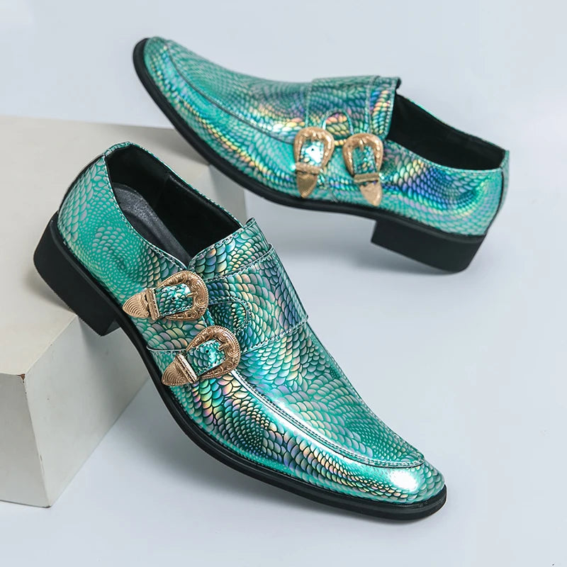 Luxury Men's Glossy Leather Loafers – High-End Green Banquet, Pointed Toe Chelsea