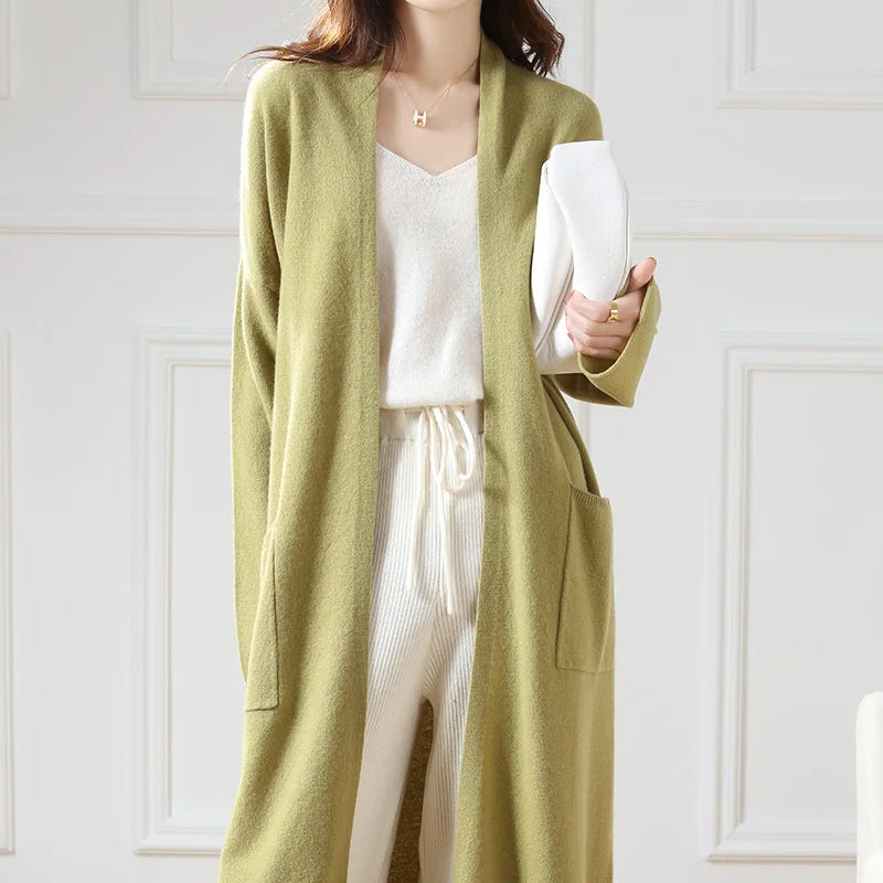 Women's Long Wool V-Neck Cardigan, Loose Fit