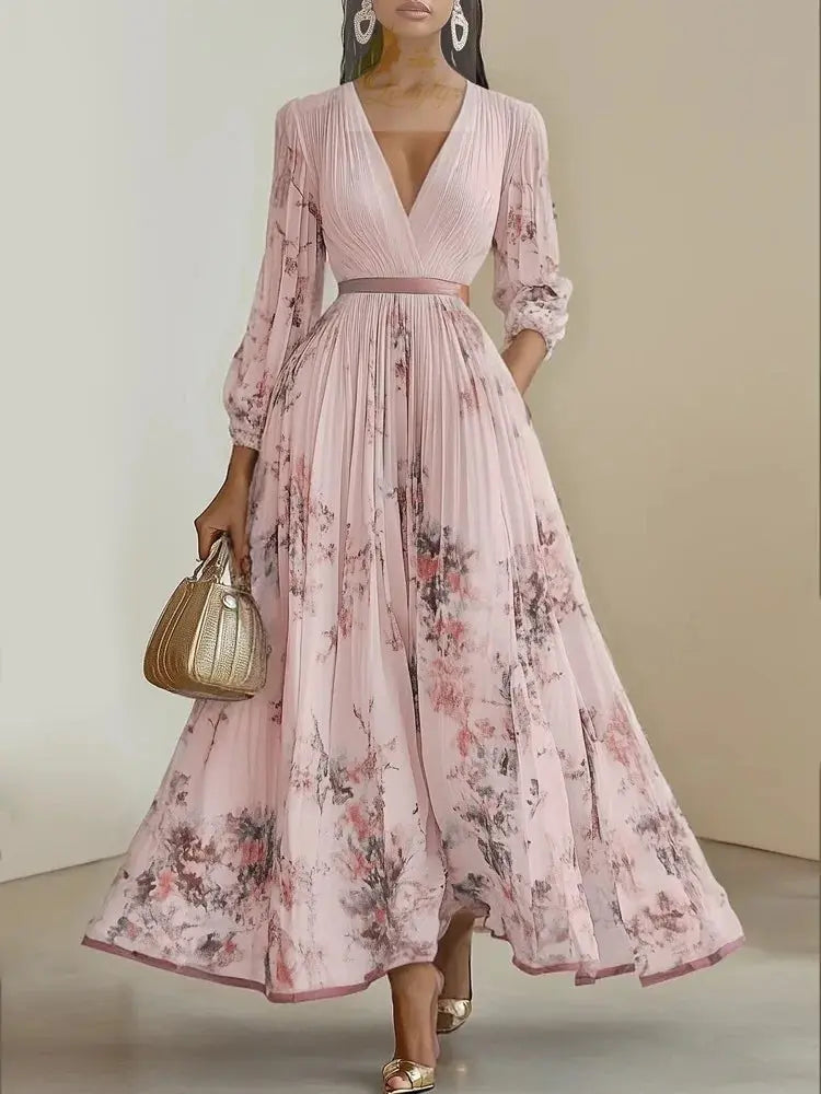Pleated Dress New Spring Autumn Florat Printed Deep V-neck Long-sleeved Fashion Maxi Elegant LADYLYS