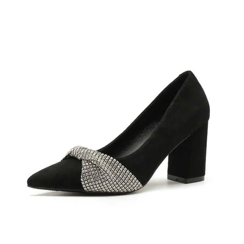 Chunky Heel Pointed Toe Black Rhinestone High Heel Women's Work Shoes Plus Size Pumps LADYLYS