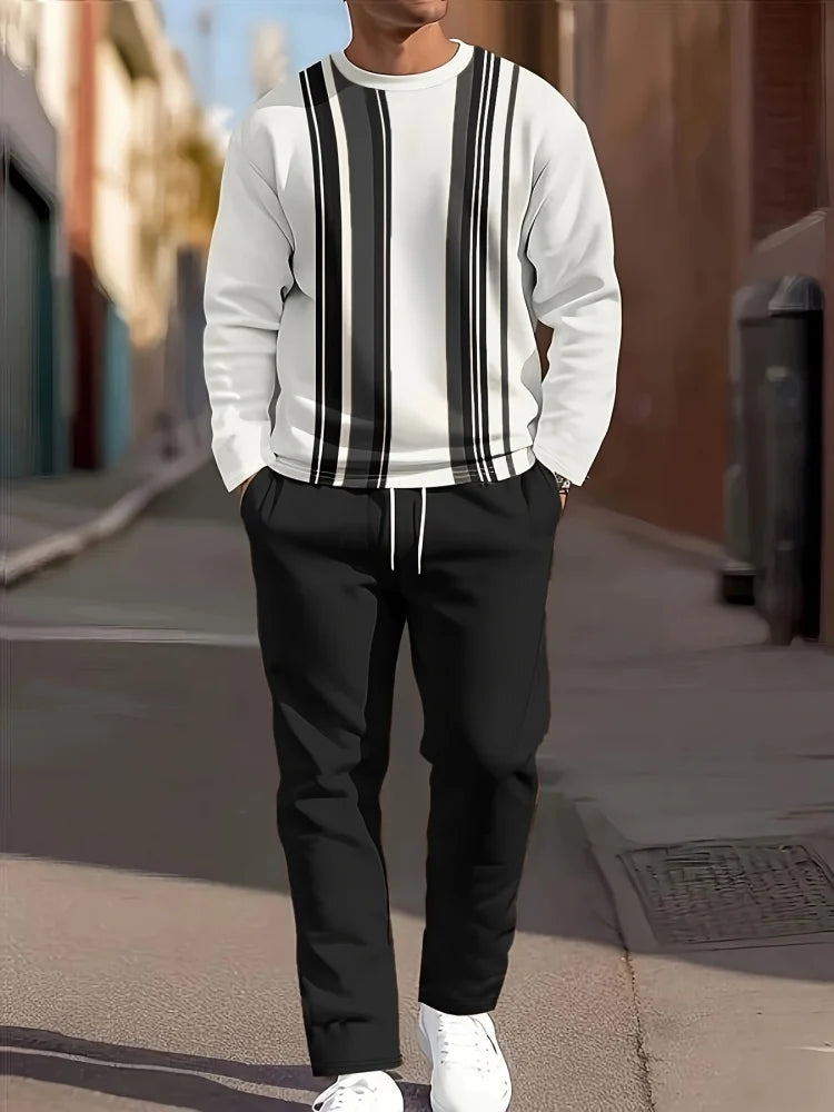 Men's Gradient Print Crew Neck Long Sleeve Top & Casual Pants — 2-Piece Set