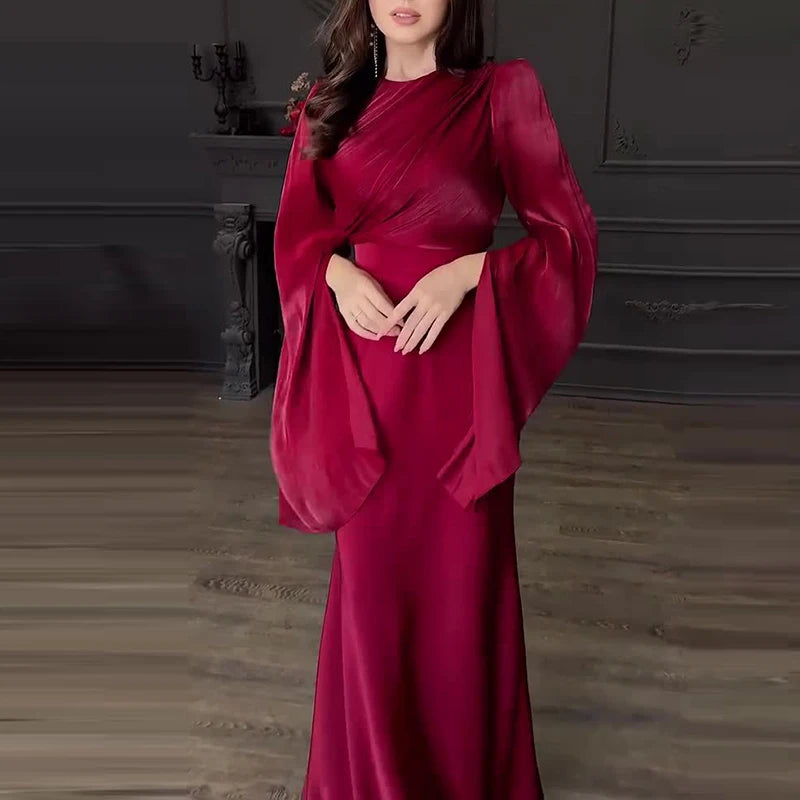 Women's Satin Long Dress – High-Waisted Slim Fit, Long Sleeve, Ankle-Length