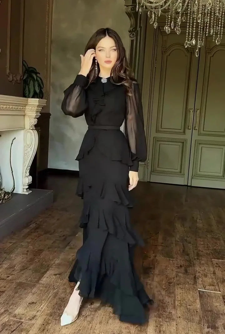 Women's Elegant Layered Ruffle Maxi Dress with Long Sleeves and Belt