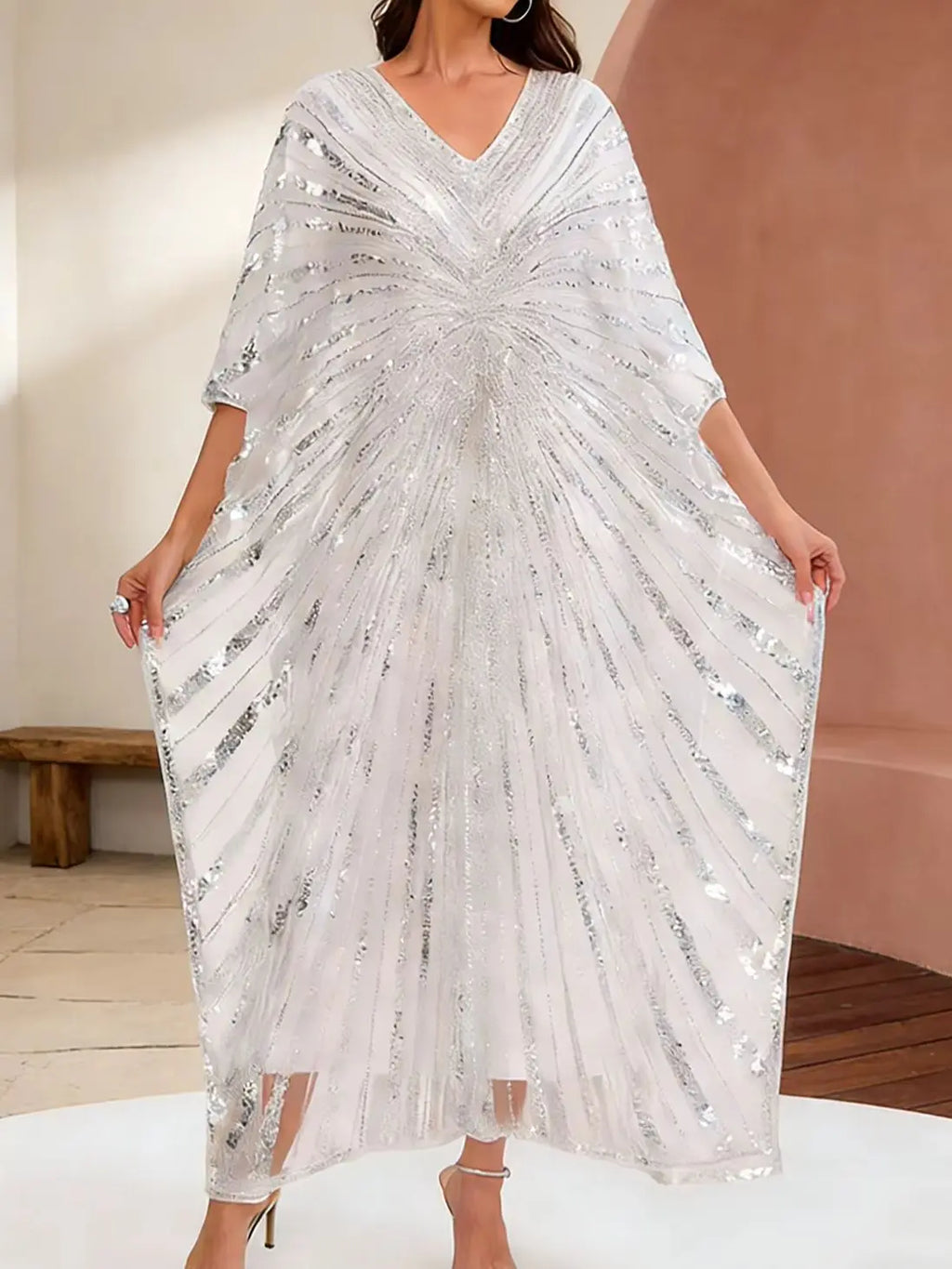 Women's Beaded Kaftan Gown – Embellished Floor-Length Batwing Dress | Ethnic Luxury Evening Robe