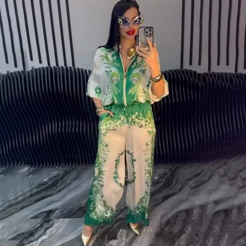 Printed Drawstring Trousers 2-Piece Set – Zipper Top & Wide-Leg Pants Outfit