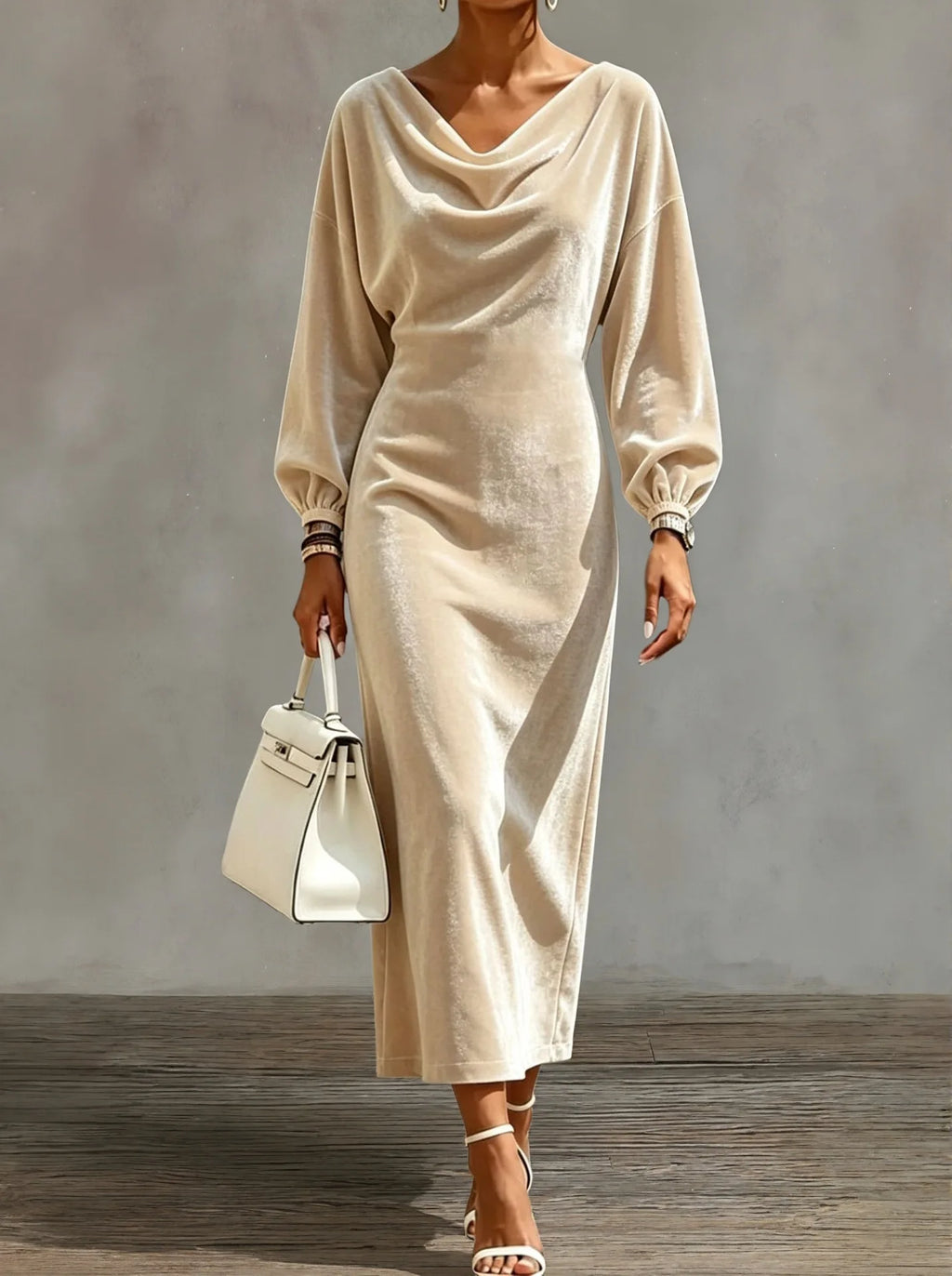 Women's Elegant Cowl Neck A-Line Dress with Lantern Sleeves