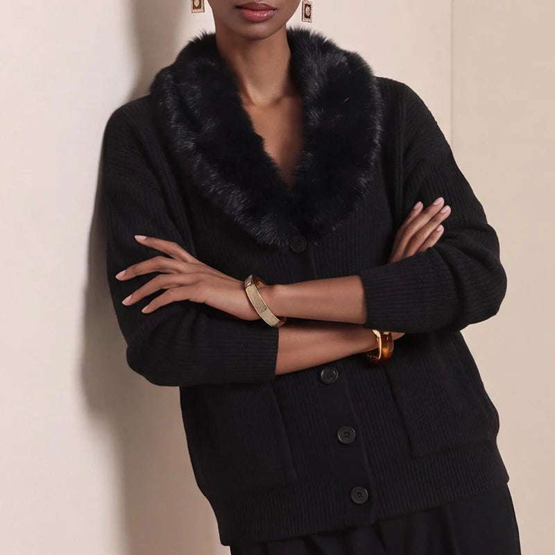 Women's Vintage V-Neck Knit Cardigan with Faux Fur Trim