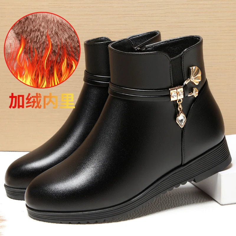 Women's Rhinestone Ankle Boots – Plush-Lined Zip-Up Low Heel Booties
