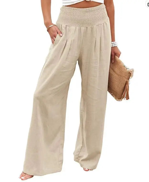 Women's High-Waist Wide Leg Pants — Drawstring Elastic Waist | Casual Beach Trousers | Plus Size