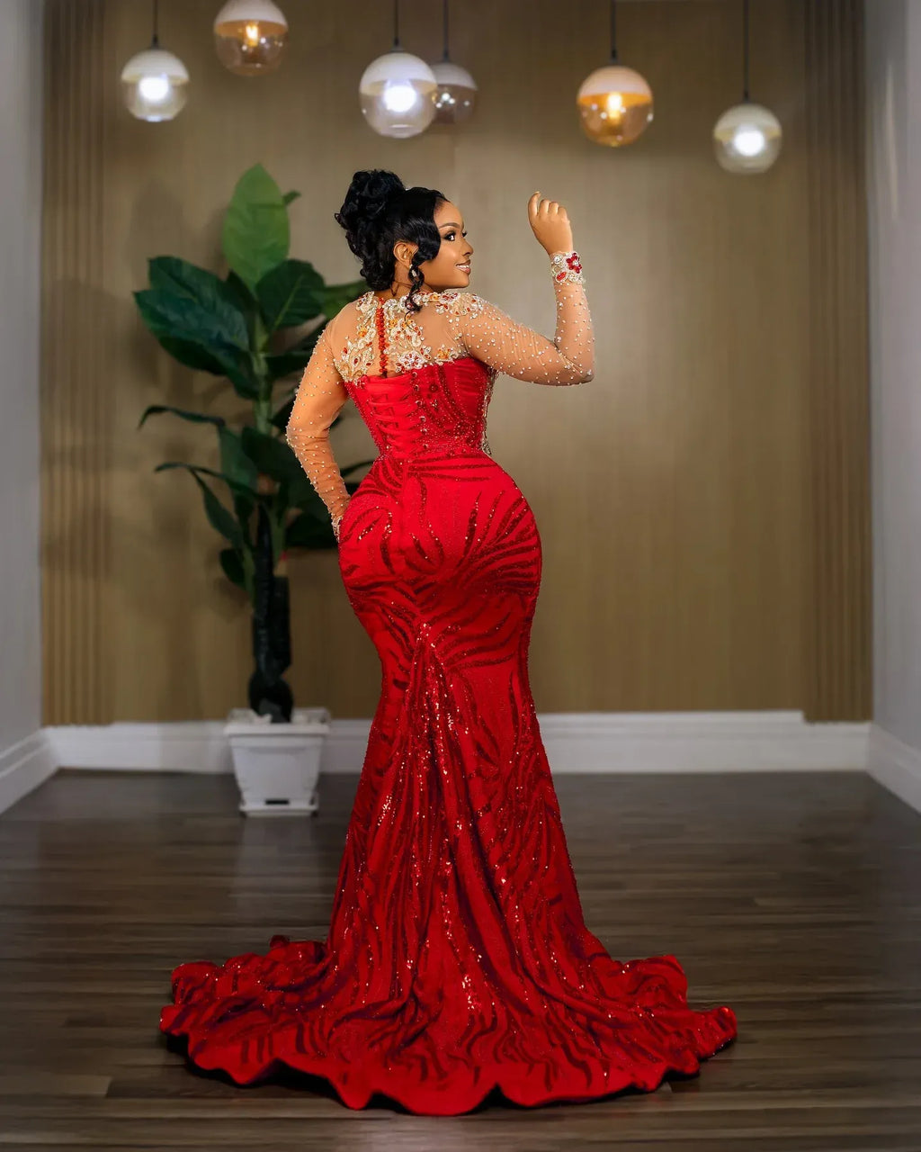 High-Neck Crystal & Beaded Lace Mermaid Evening Gown