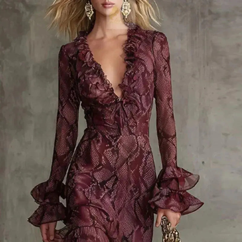 Retro Snake Print Evening Party Dresses Woman Elegant Spring Deep V Neck Ruffles Long LADYLYS