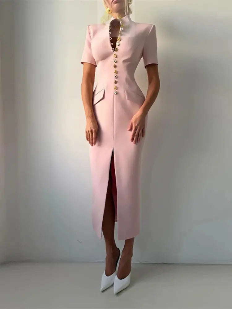 Elegant Fitted Shoulder Pad Short Sleeves Chic Party Dresses LADYLYS