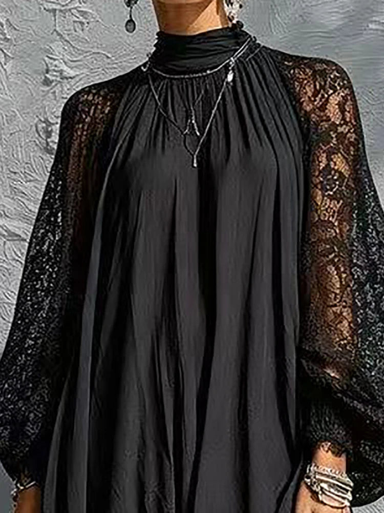 Women's Black Lace Maxi Dress with Mock Neck and Long Sleeves