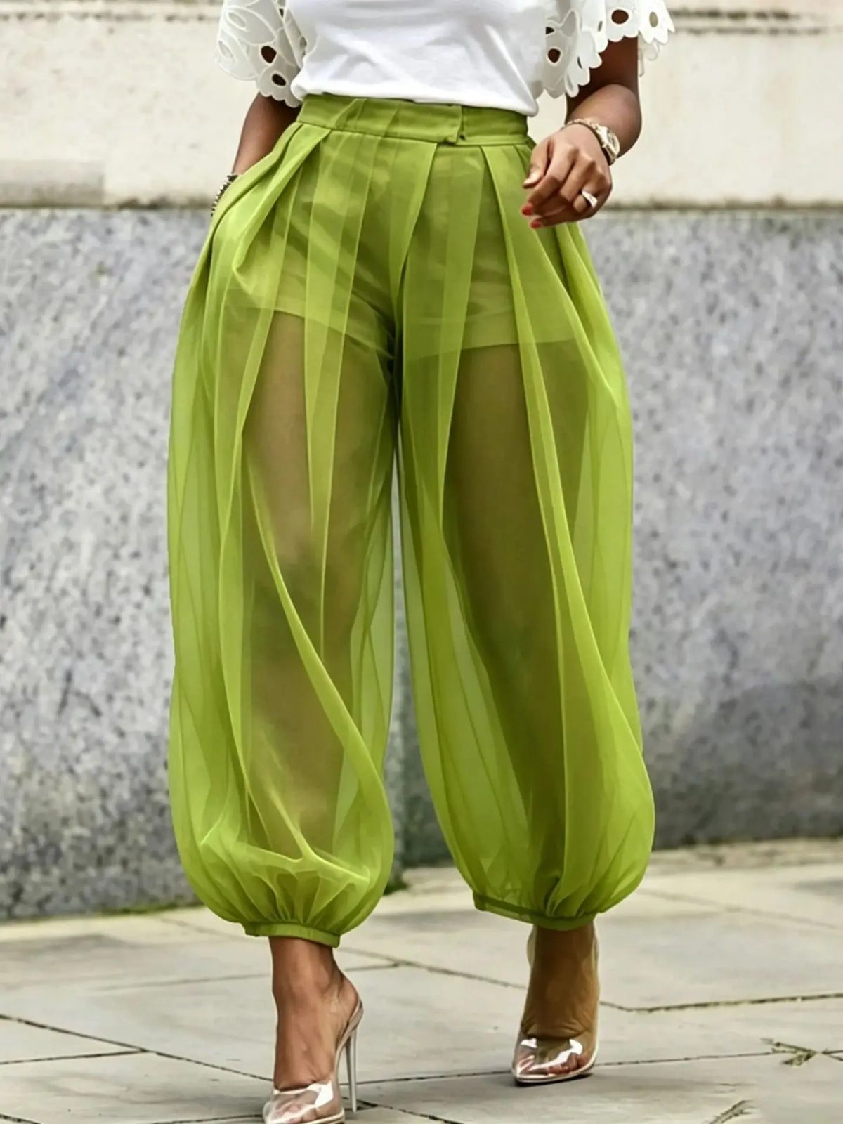 Women's Sheer Mesh Tulle Balloon Pants — High-Waist Elastic Cuff Bloomer Trousers | Elegant Casual
