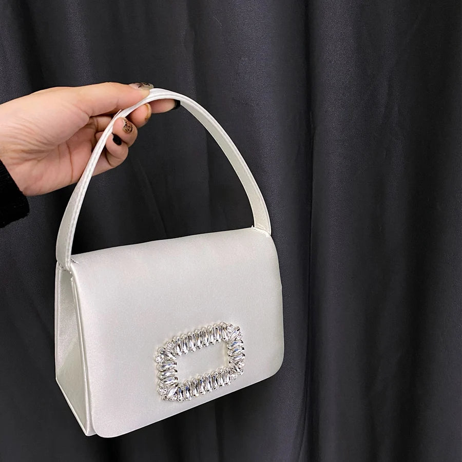 Luxury Diamond Square Button Evening small Bag Clutch Purses Satin Rhinestone LADYLYS