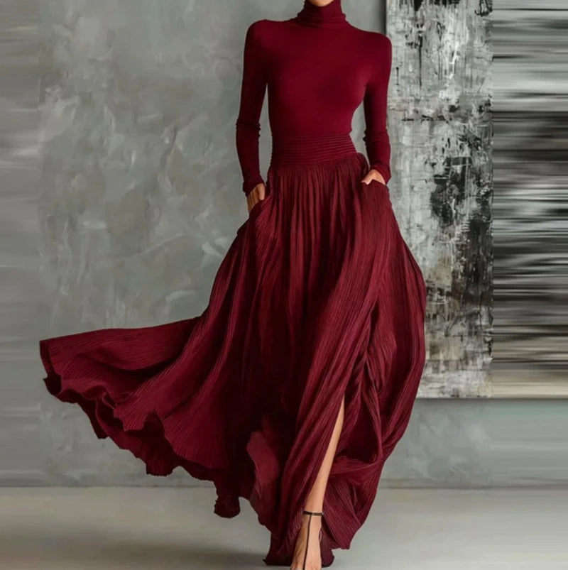 Women's French Elegant Two-Piece Skirt Set – Pleated A-Line, Bow Neck, Pockets, Split Hem
