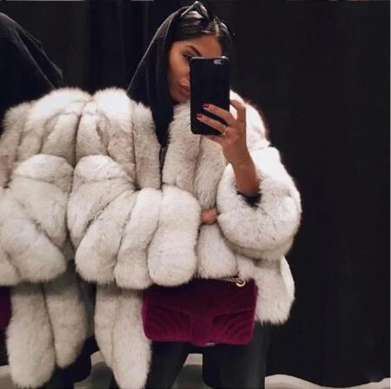 Women's Short Faux Fur Jacket with Puff Sleeves