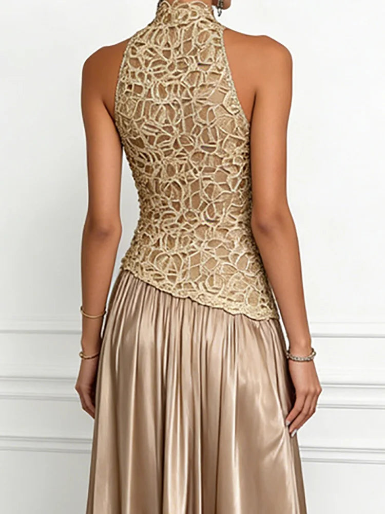 Women Sleeveless Patchwork Maxi Dress Elegant Stand Collar Chic LADYLYS
