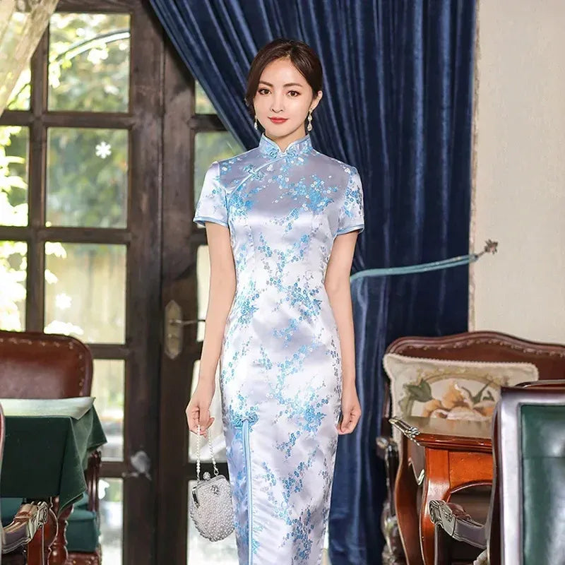 Printed Short-Sleeve Qipao-Inspired Midi Dress