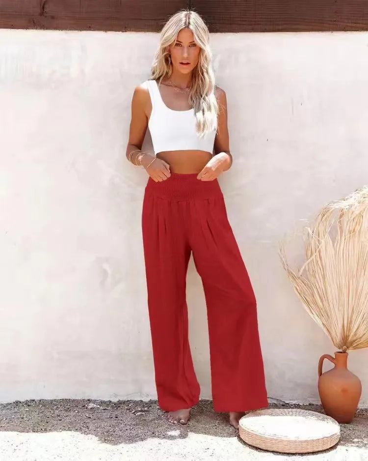 Women's High-Waist Wide Leg Pants — Drawstring Elastic Waist | Casual Beach Trousers | Plus Size