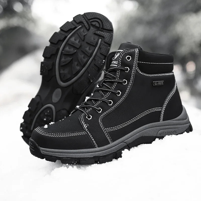Men's Retro PU Leather Ankle Boots – Lace-Up Cowboy-Style Snow Boots with Optional Fur Lining
