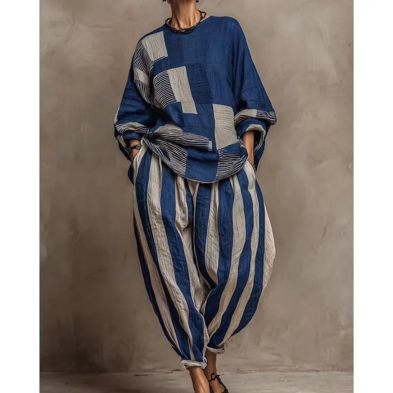 Women's Striped Patchwork 2-Piece Set – Loose Top & Harem Pants, Office Casual